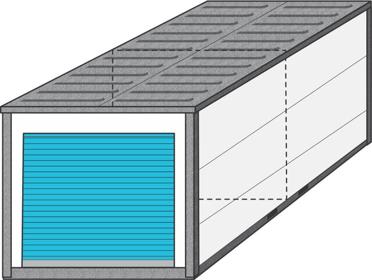 Vienos galinės durys - 18,5 m² arba du 9,3 m² boksai